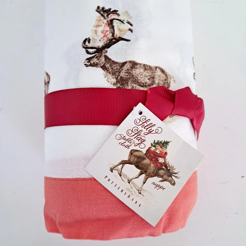 Pottery Barn Christmas Silly Stag Tablecloth 70x108 Cotton Linen Holiday NEW